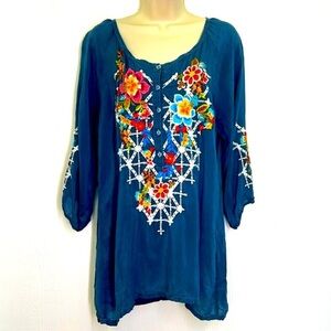 Johnny Was - Blue Embroidered Floral Boho Pullover Long Sleeve Blouse Size Sm